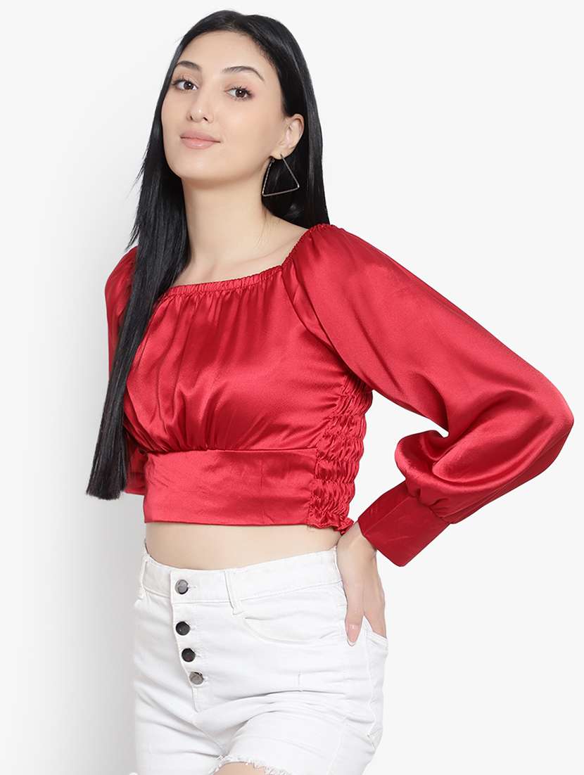 women solid smocked detailed crop top - 20550841 - Standard Image - 1