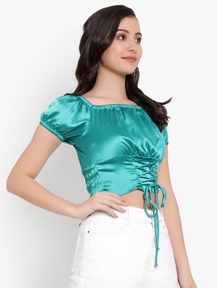 women solid smocked detailed crop top - 20550850 - Standard Image - 1