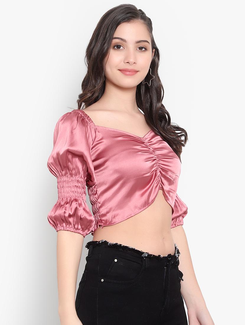 women solid smocked detailed crop top - 20550893 -  Standard Image - 1