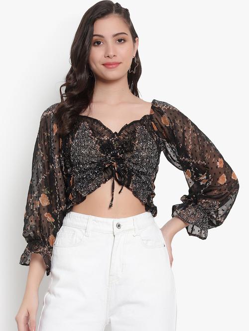 women printed smocked crop top - 20550981 - Standard Image - 0