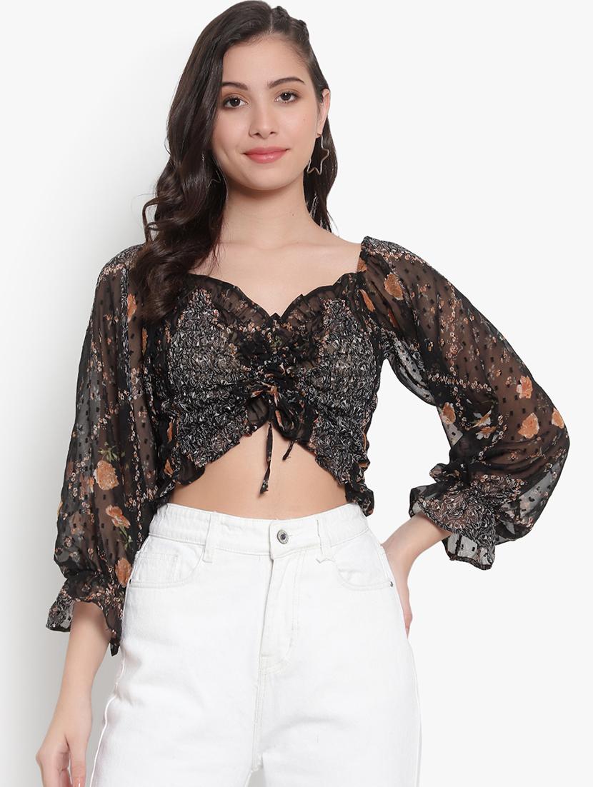 women printed smocked crop top - 20550981 - Zoom Image - 0