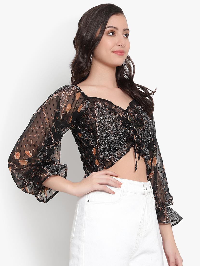women printed smocked crop top - 20550981 -  Standard Image - 1