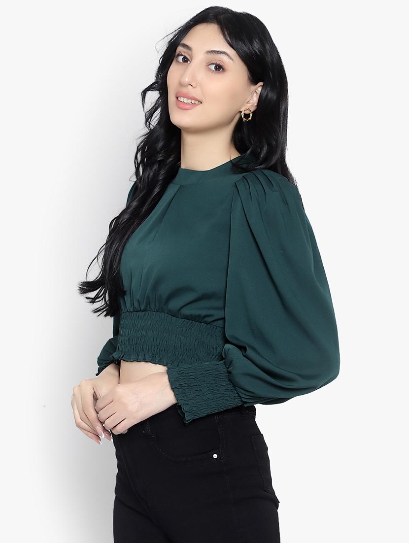 bottle green crepe crop top - 20551028 - Standard Image - 1
