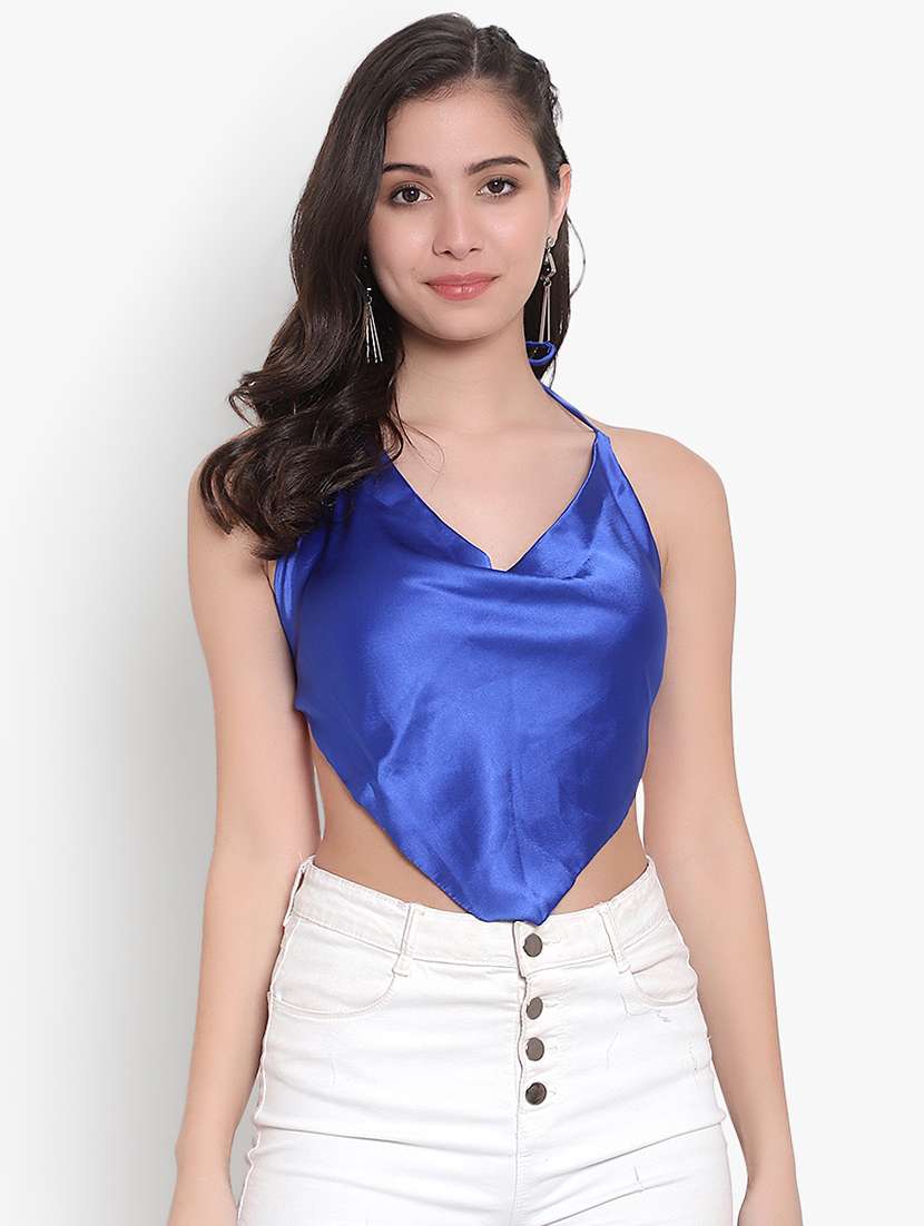 women solid halter nack backless top