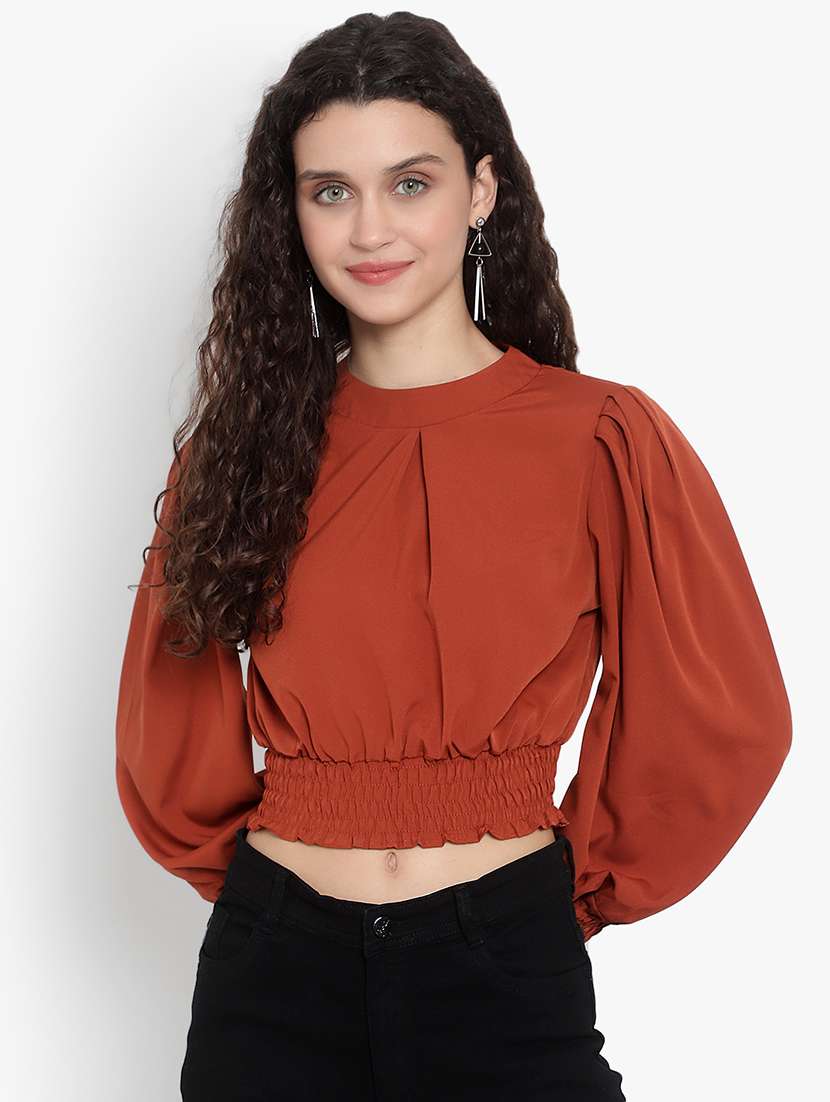 women solid puff sleeves crop top