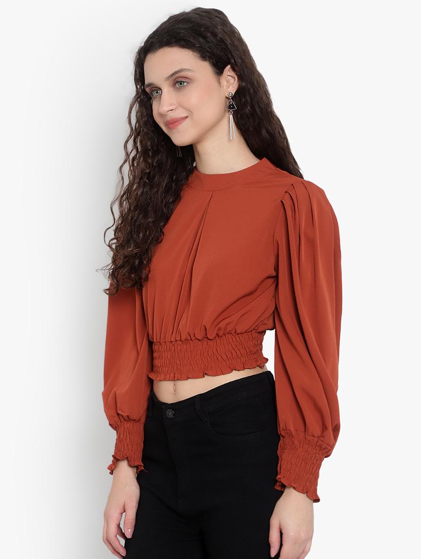 women solid puff sleeves crop top - 20551118 - Standard Image - 1