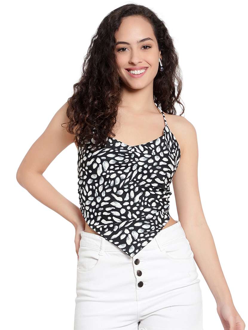 women printed halter neck backless top