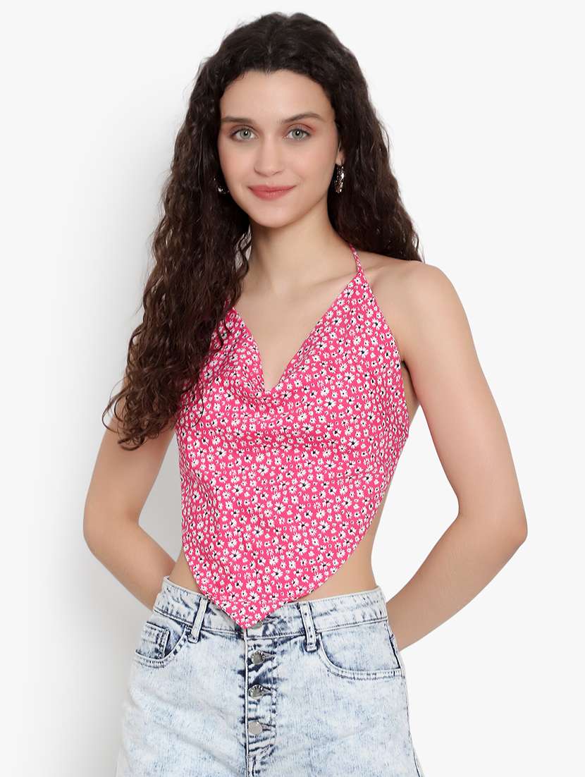 women floral print backless top