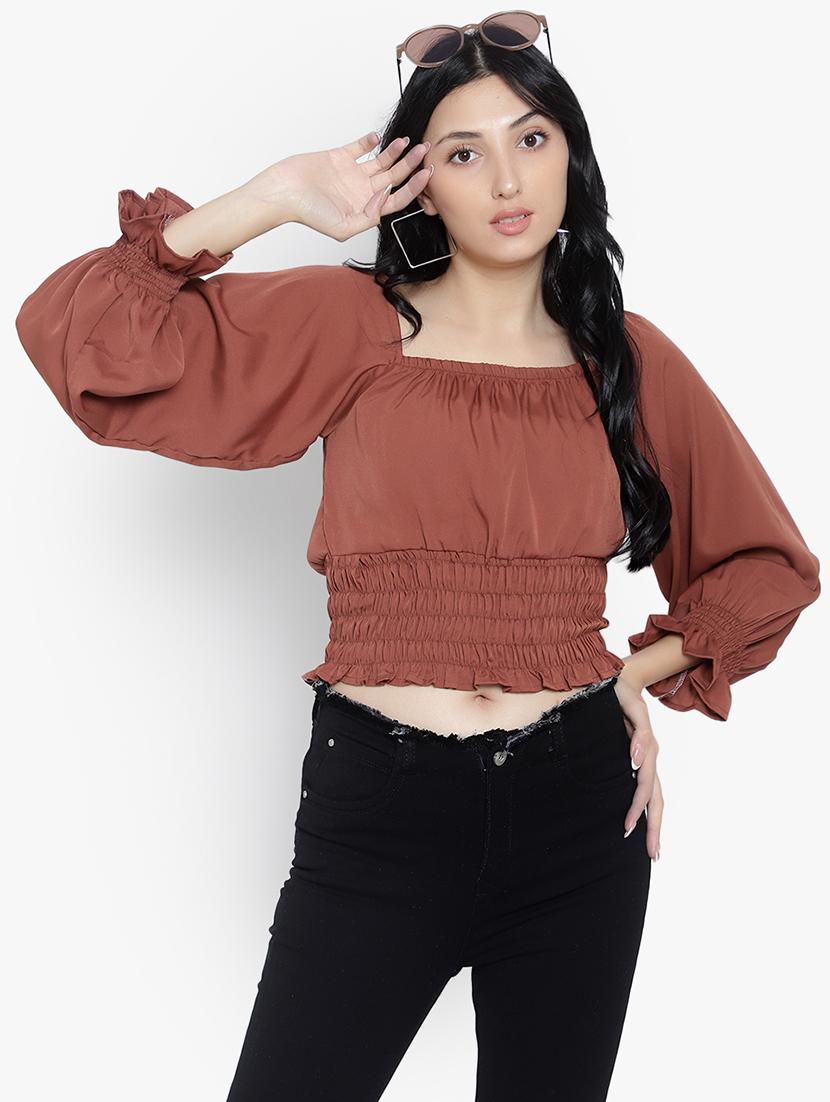 brown crepe crop top - 20551298 -  Zoom Image - 0