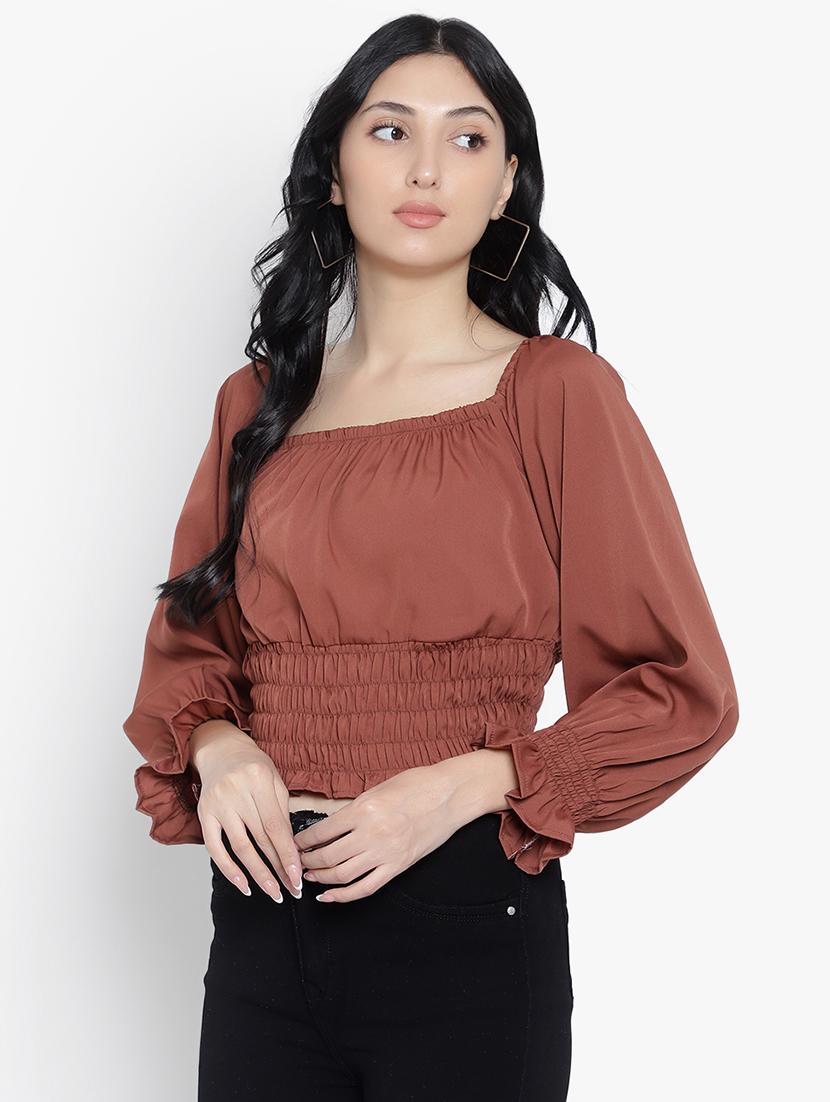 brown crepe crop top - 20551298 -  Standard Image - 1