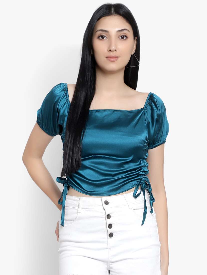 women solid smocked detailed crop top