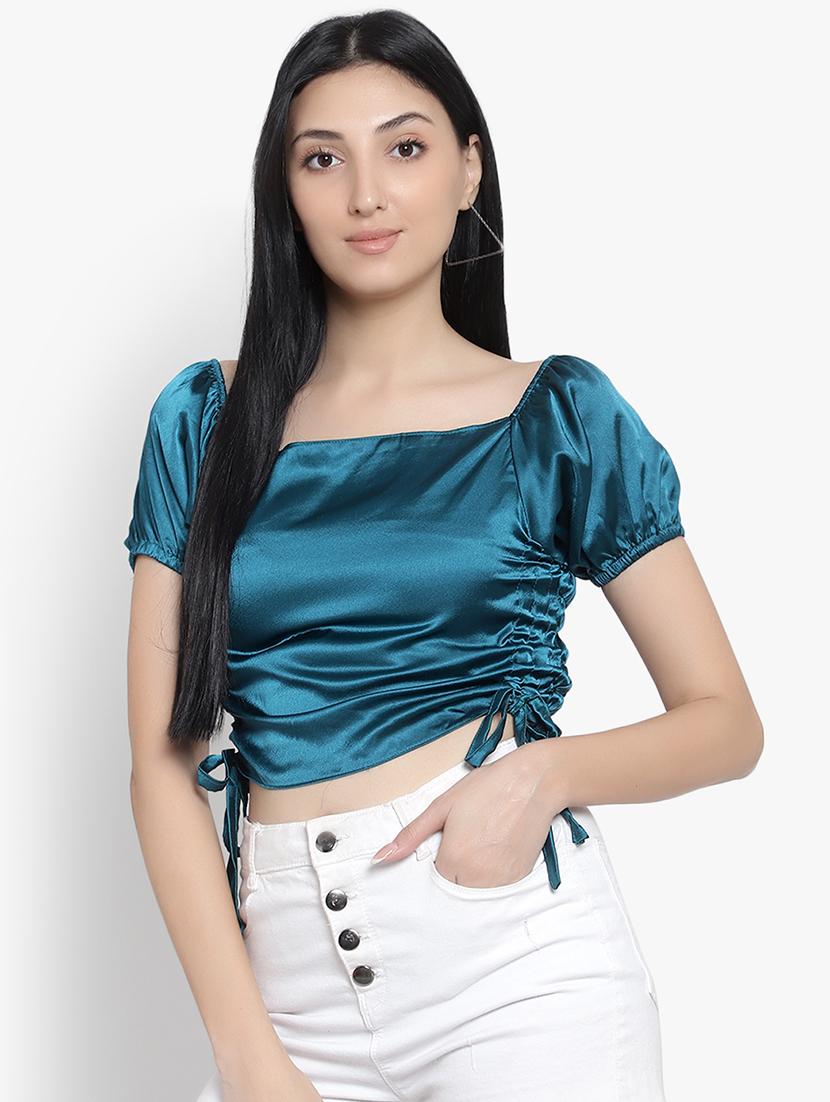 women solid smocked detailed crop top - 20551366 -  Standard Image - 1