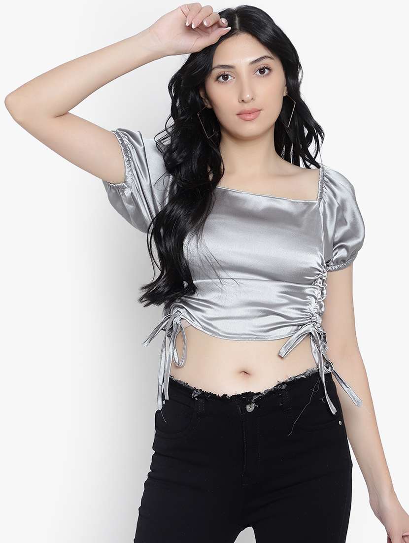 women solid smocked detailed crop top