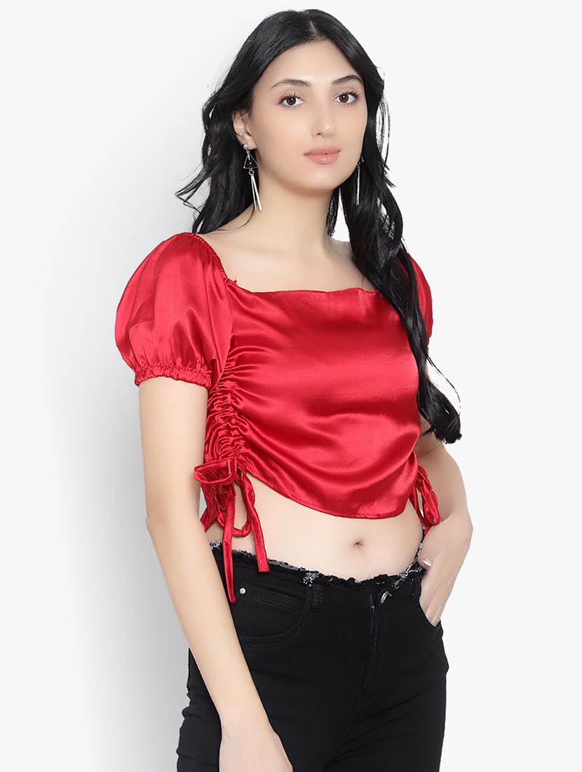 women solid smocked detailed crop top - 20551402 -  Standard Image - 1