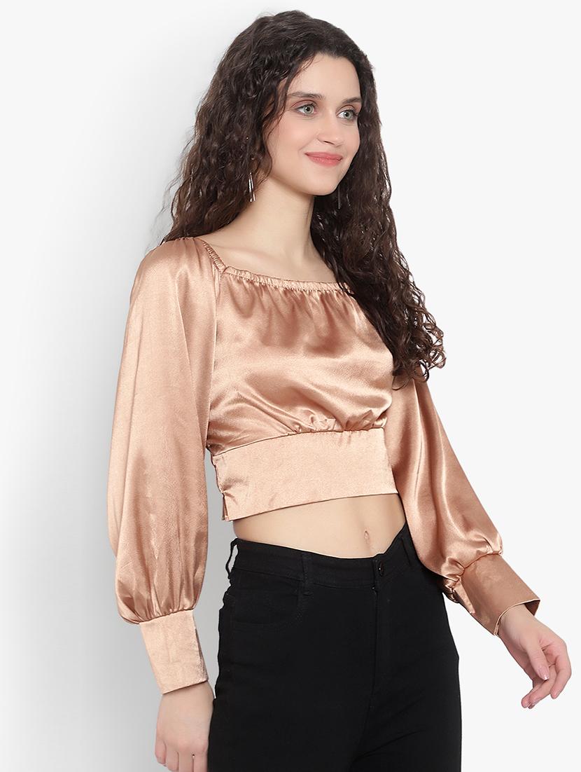 women solid smocked detailed crop top - 20551449 - Standard Image - 1