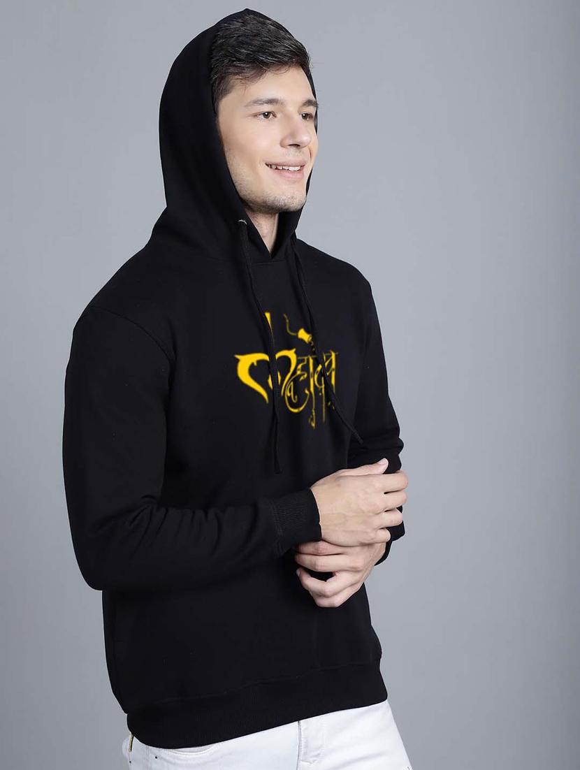 men typography printed black fleece hooded sweatshirt - 20551472 - Standard Image - 1