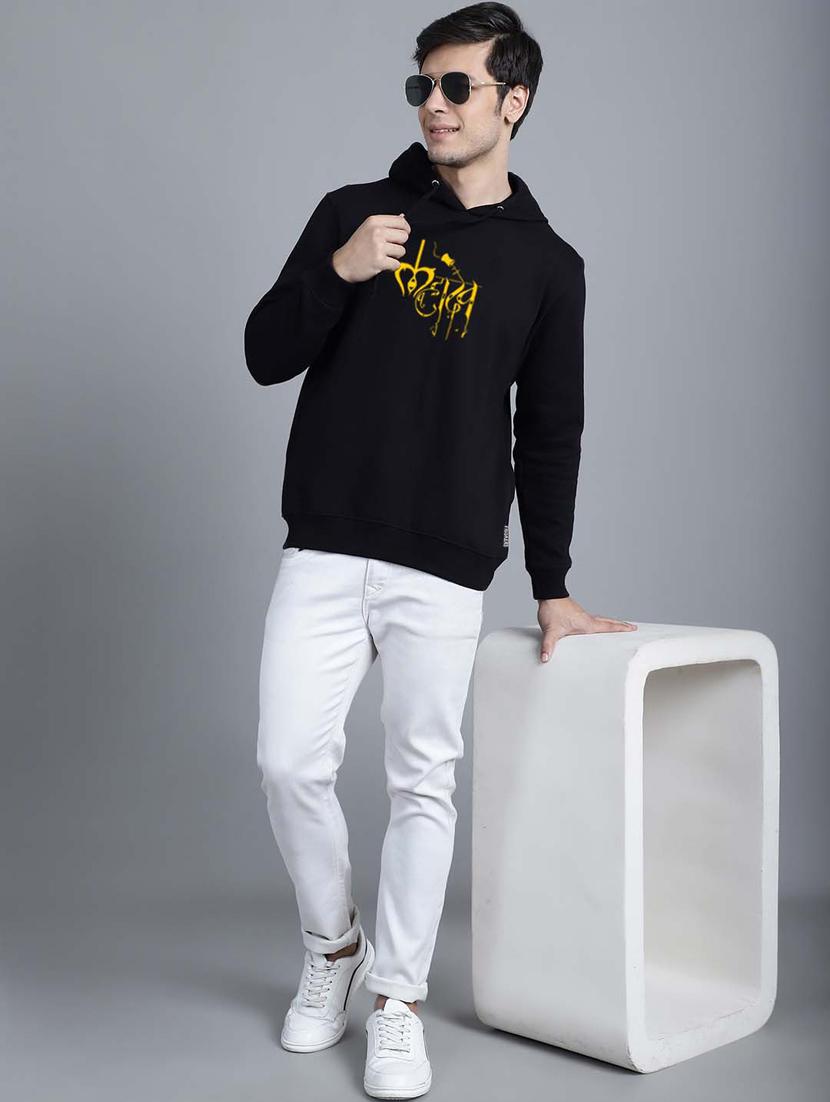 men typography printed black fleece hooded sweatshirt - 20551472 - Standard Image - 4