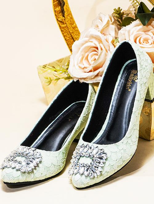 women light green embellished slip on pumps - 20551545 - Standard Image - 0