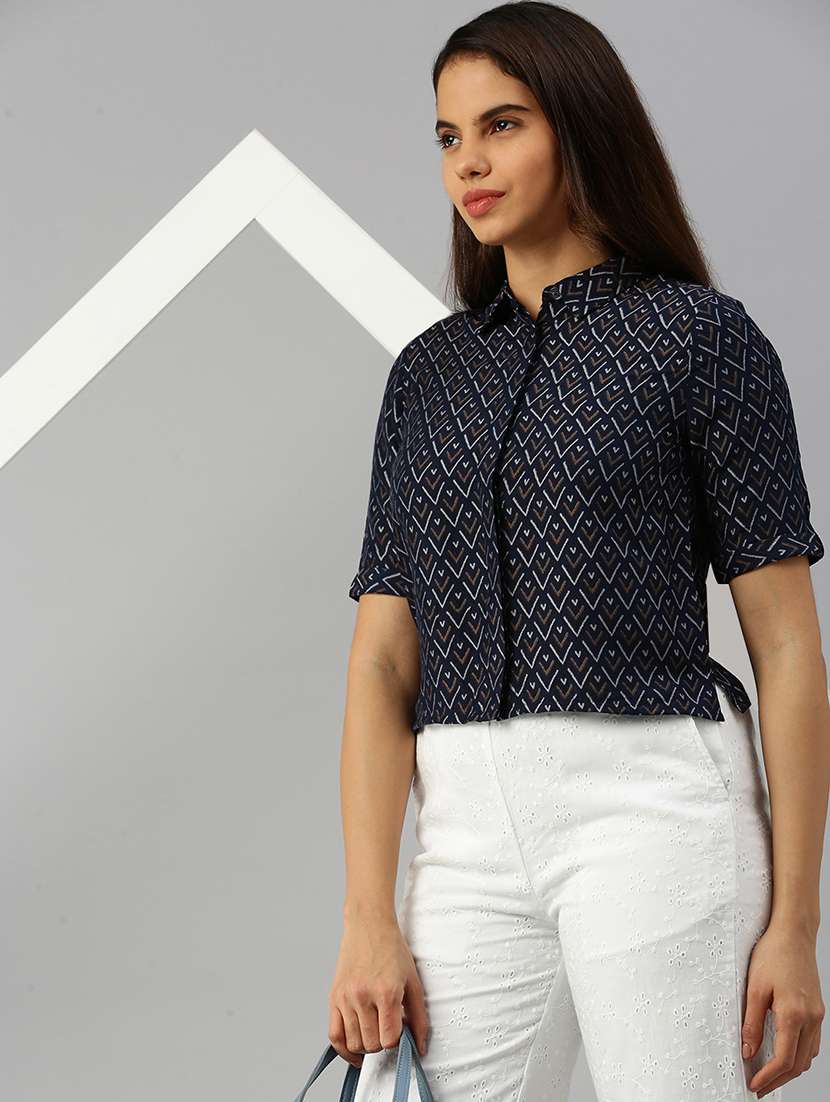women printed collared short sleeve crop shirt - 20551777 -  Standard Image - 1