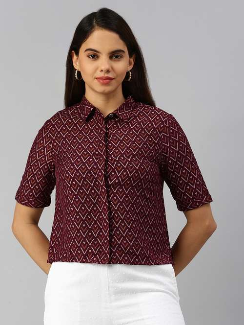 women printed collared short sleeve crop shirt - 20551778 - Standard Image - 0