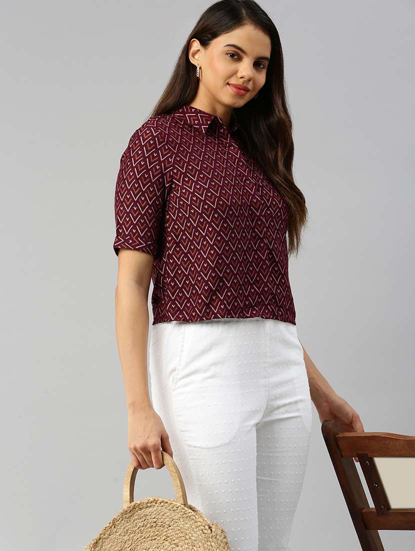 women printed collared short sleeve crop shirt - 20551778 - Standard Image - 1