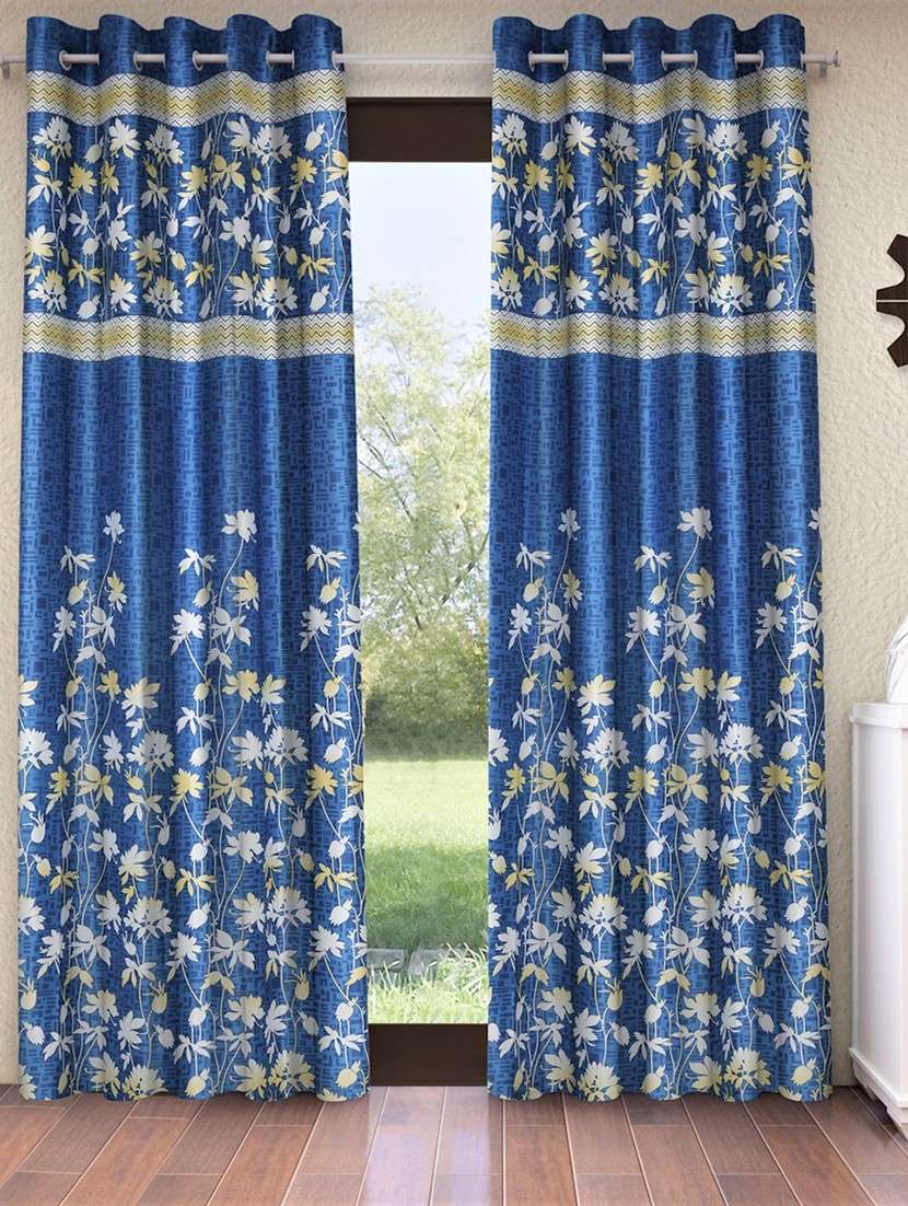 home sizzler 2 piece flower border panel eyelet polyester blue door curtains