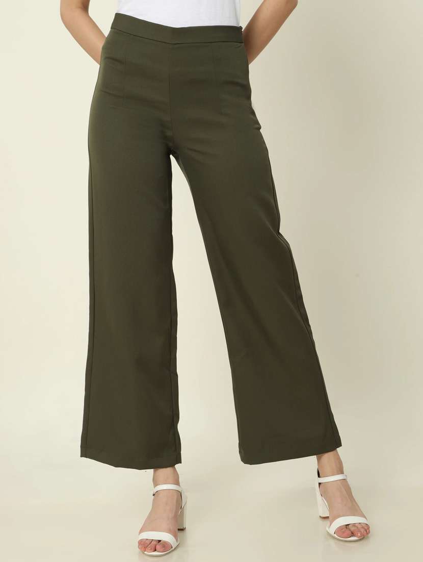 women solid pleated wide leg trouser