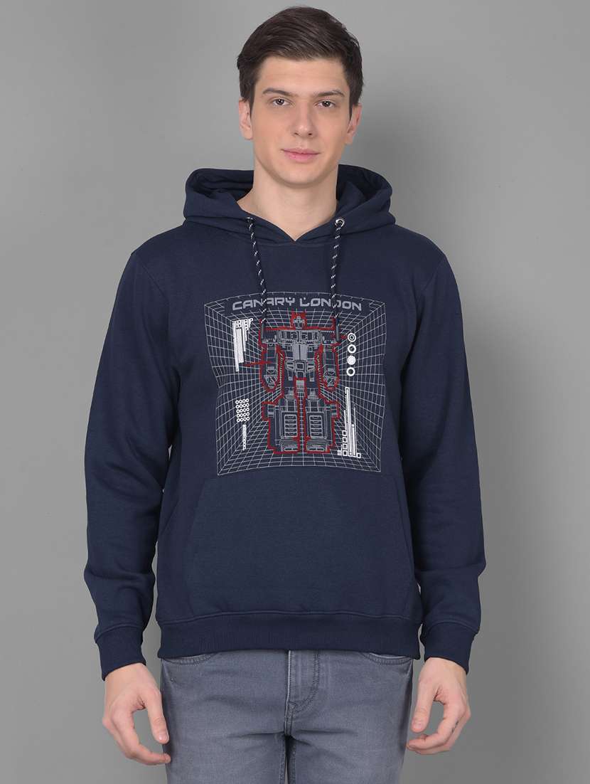 men graphic printed navy blue hooded sweatshirt