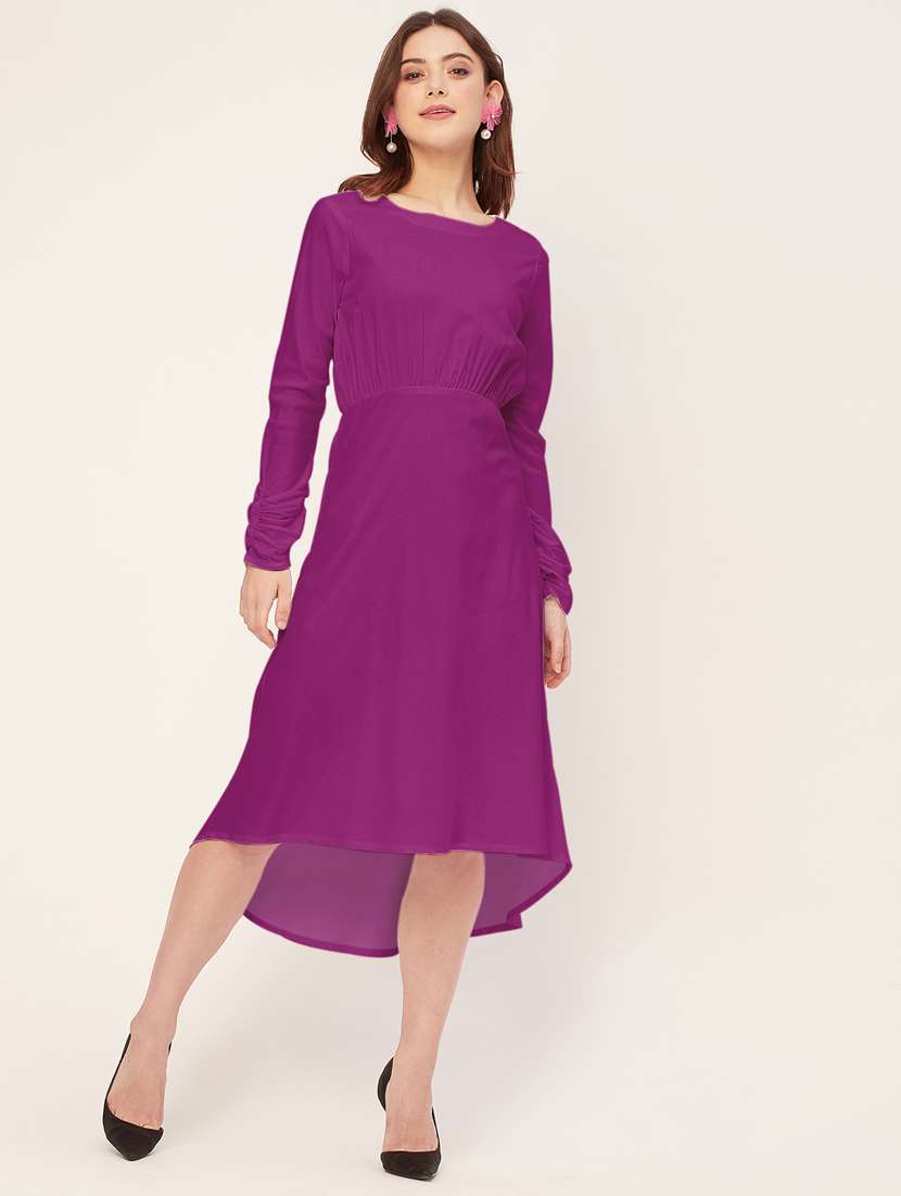 women solid long sleeves high-low dress