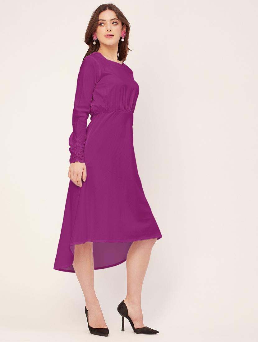 women solid long sleeves high-low dress - 20555338 - Standard Image - 1