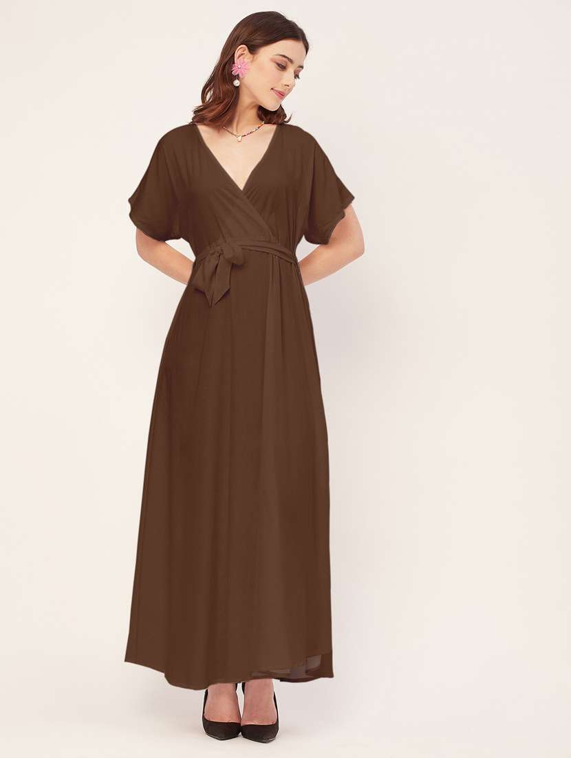 women solid waist tie up maxi dress - 20555341 - Standard Image - 1