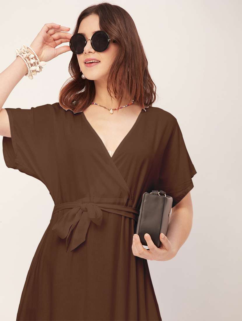 women solid waist tie up maxi dress - 20555341 - Standard Image - 4