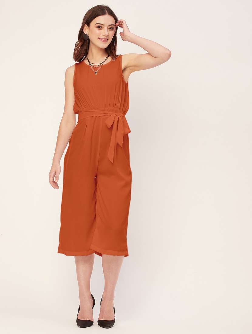 women solid waist tie up jumpsuit