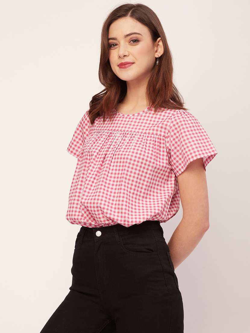 women checked front pleated casual top - 20555367 -  Standard Image - 1