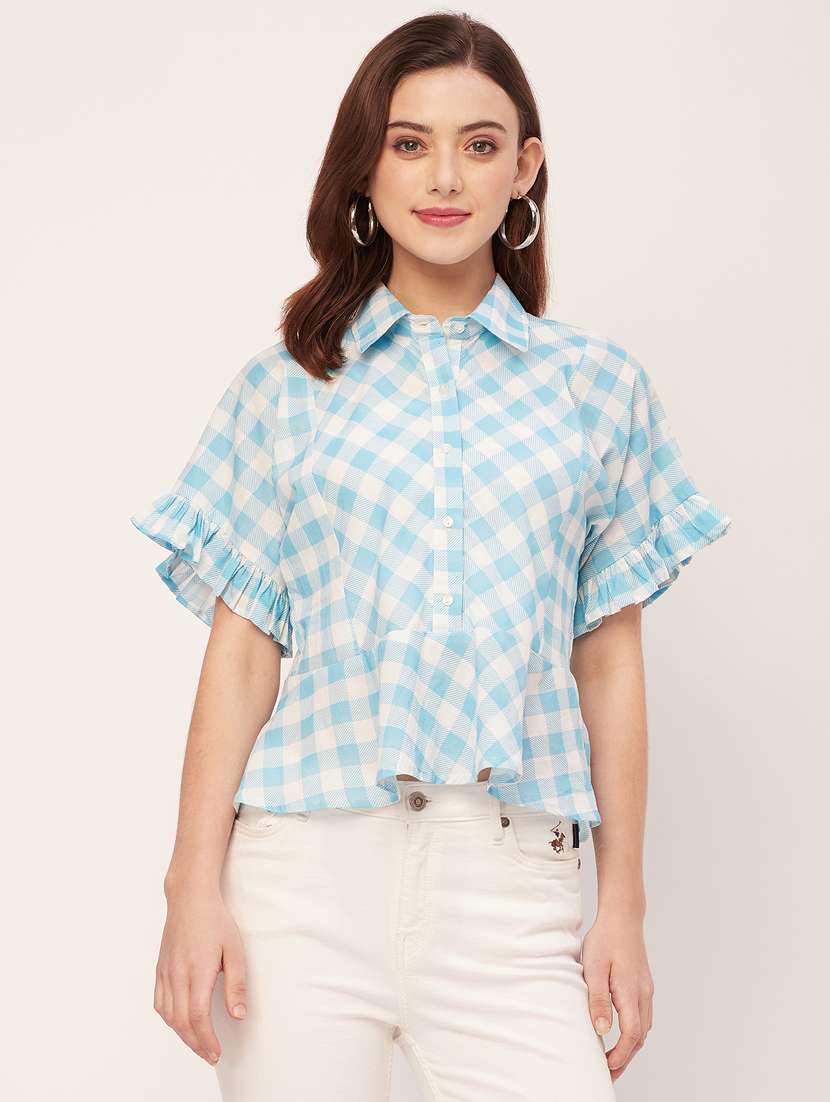 women checked button detailed peplum top