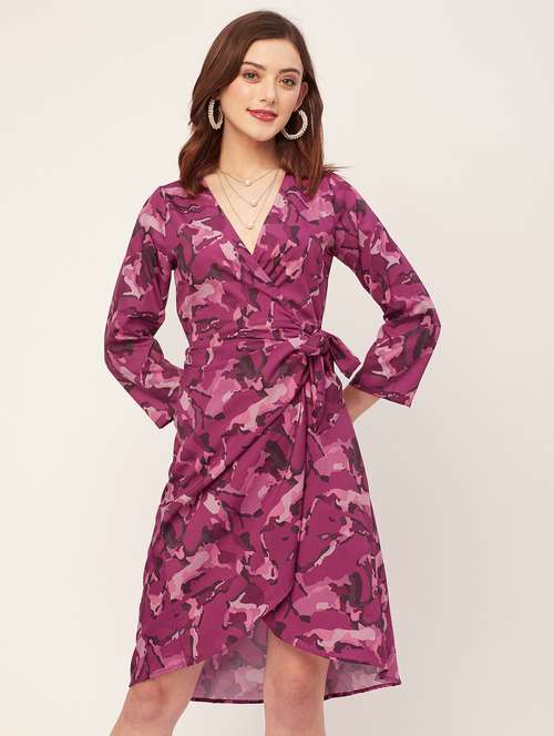 women printed wrap short dress - 20555374 - Standard Image - 0