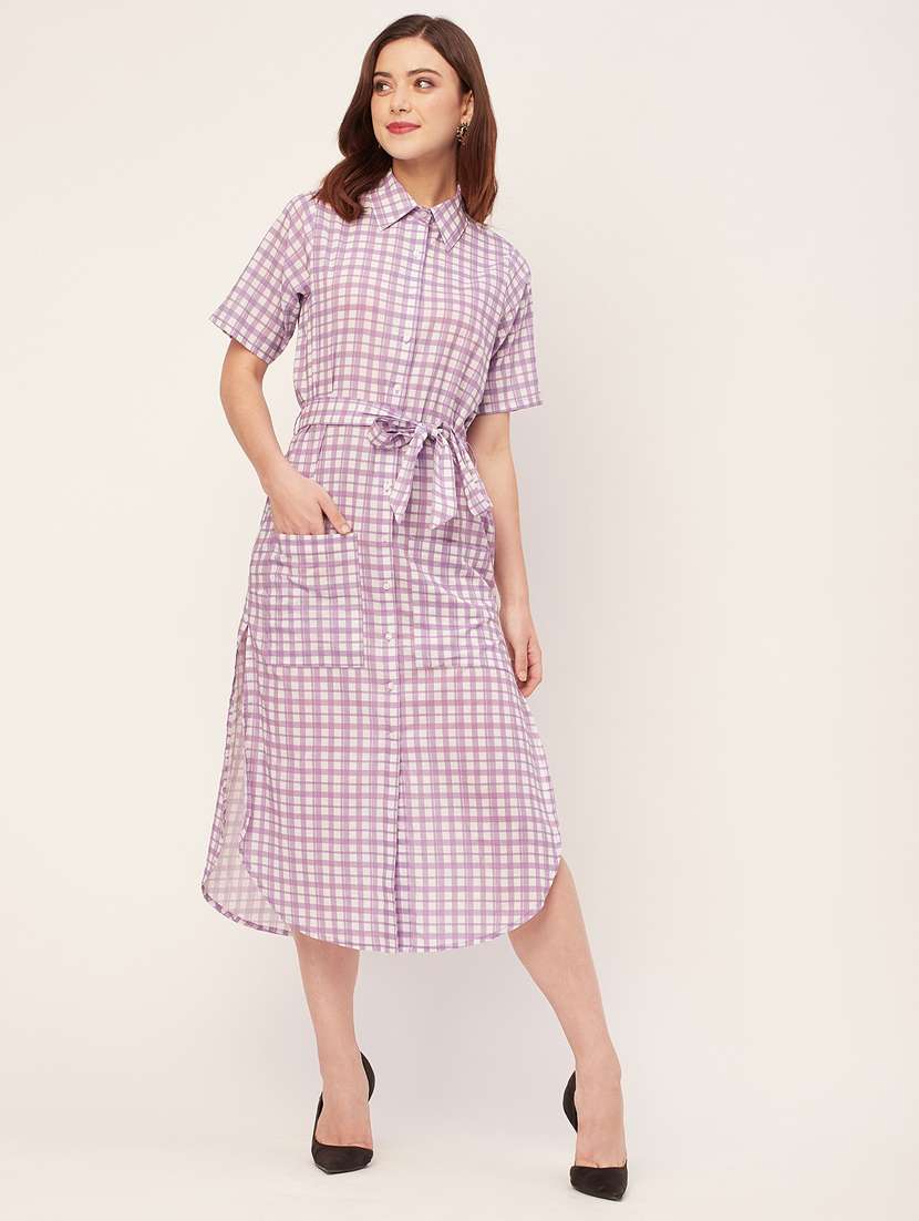 women checked side slit shirt dress