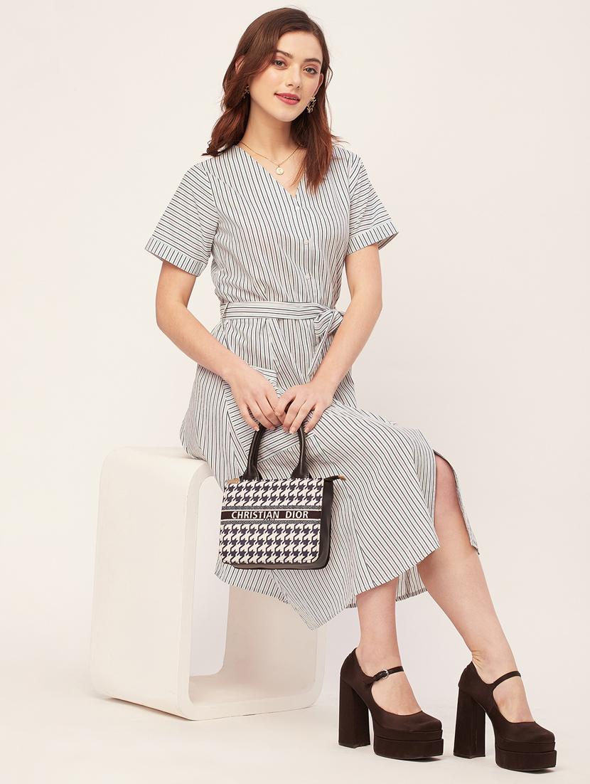 women striped buttoned a-line dress - 20555379 - Standard Image - 4