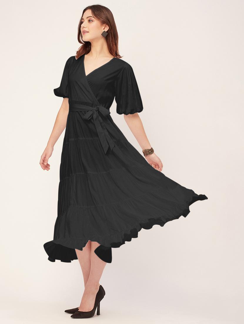 women solid overlap neck tiered dress - 20555382 - Standard Image - 1