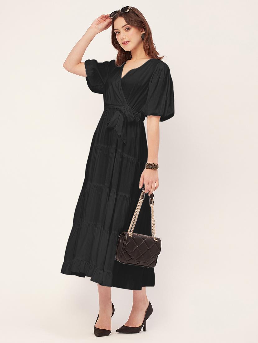 women solid overlap neck tiered dress - 20555382 - Standard Image - 4