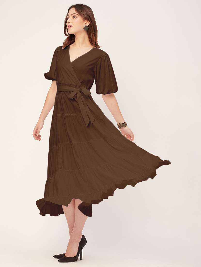 women solid overlap neck tiered dress - 20555383 - Standard Image - 1