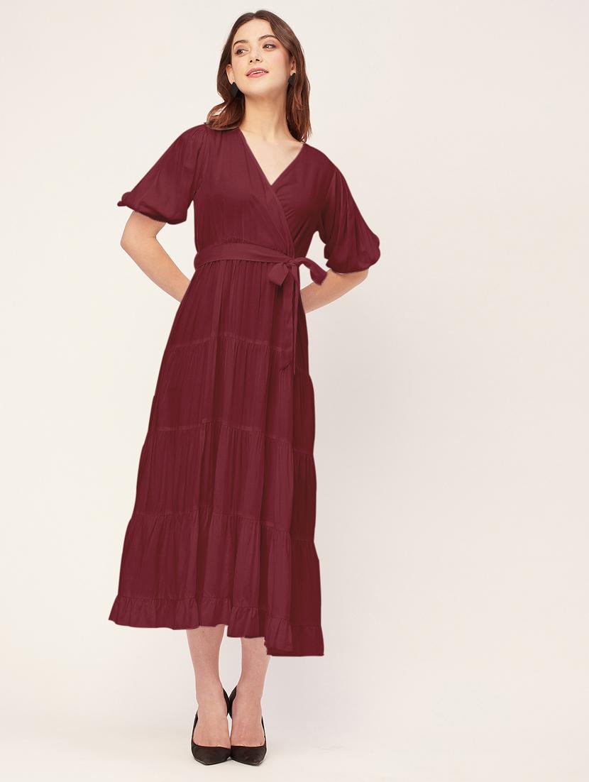 women solid overlap neck tiered dress  - 20555384 -  Zoom Image - 0