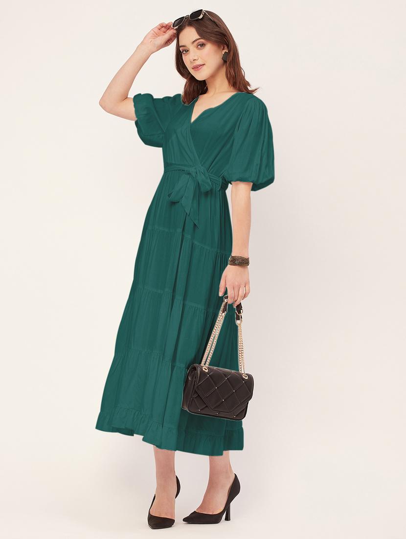women solid overlap neck tiered dress - 20555385 - Standard Image - 4