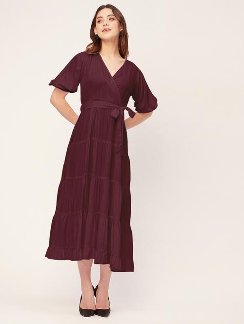 women solid overlap neck tiered dress  - 20555386 -  Standard Image - 0