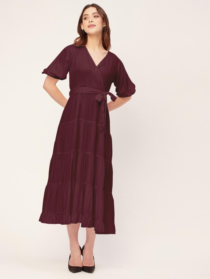 women solid overlap neck tiered dress  - 20555386 -  Zoom Image - 0