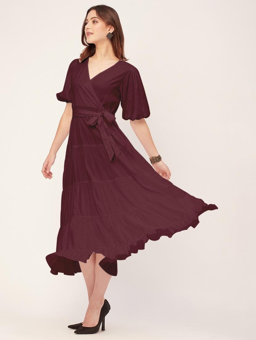 women solid overlap neck tiered dress  - 20555386 -  Standard Image - 1