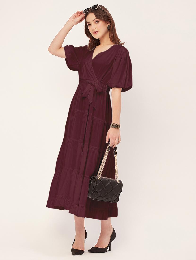 women solid overlap neck tiered dress - 20555386 - Standard Image - 4