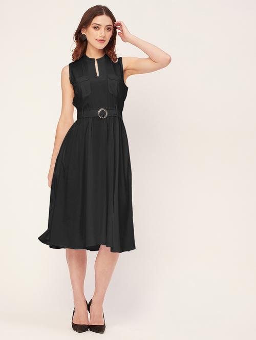women solid mandarin neck belted dress  - 20555415 -  Standard Image - 0