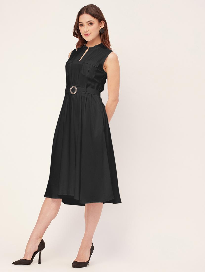 women solid mandarin neck belted dress  - 20555415 -  Standard Image - 1