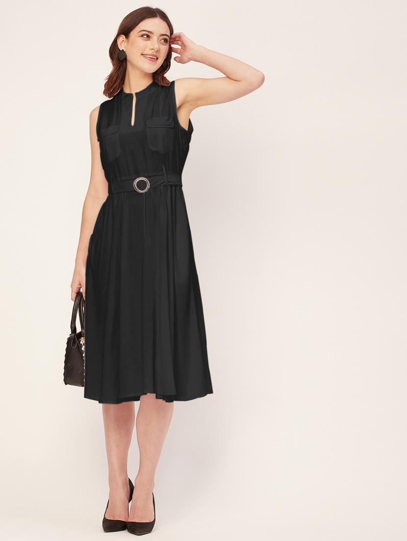 women solid mandarin neck belted dress - 20555415 - Standard Image - 4